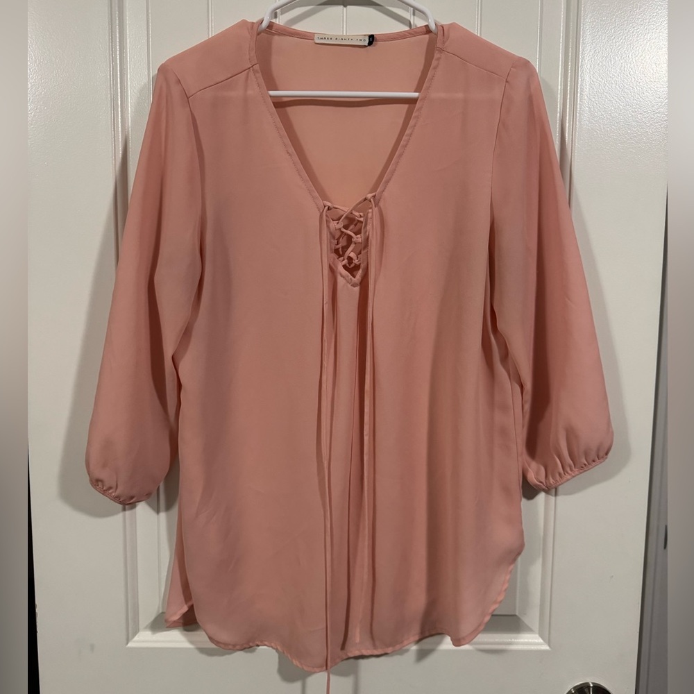 Three Eight Two Pink Lace Up V-Neck Blouse Women’s Medium Boho Flowy Top